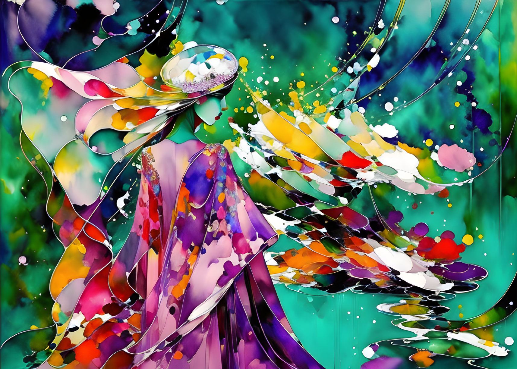 Colorful abstract illustration: Figure in flowing garments on teal background