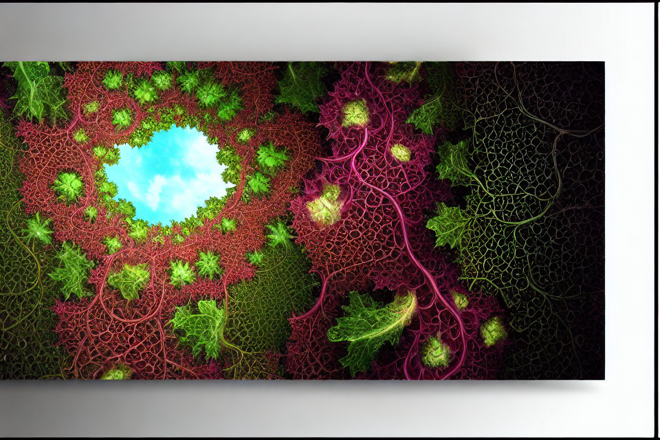 Colorful digital artwork: Microscopic plant cell patterns in red, green, and blue