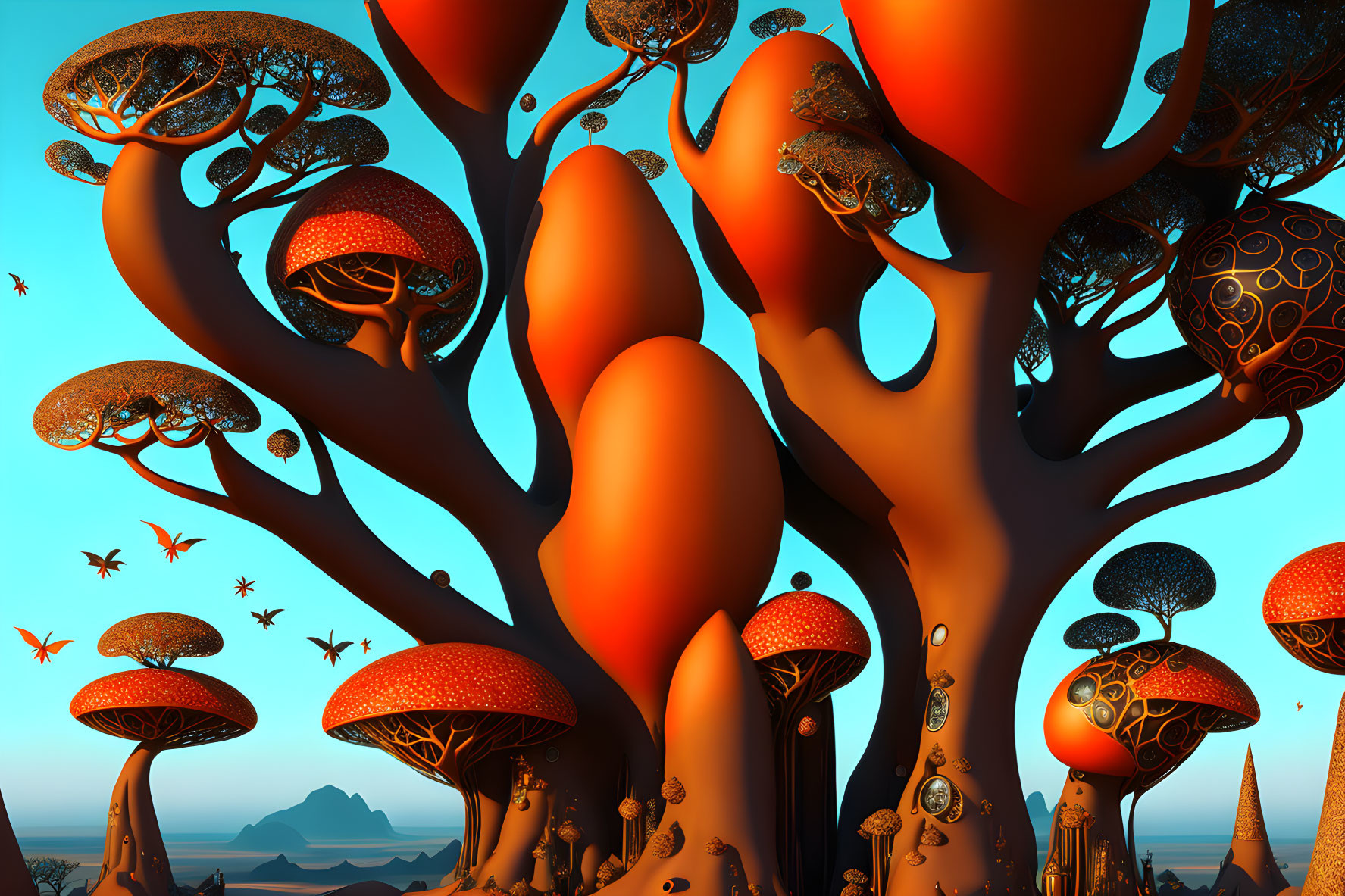 Surreal landscape featuring oversized orange trees and intricate canopy designs