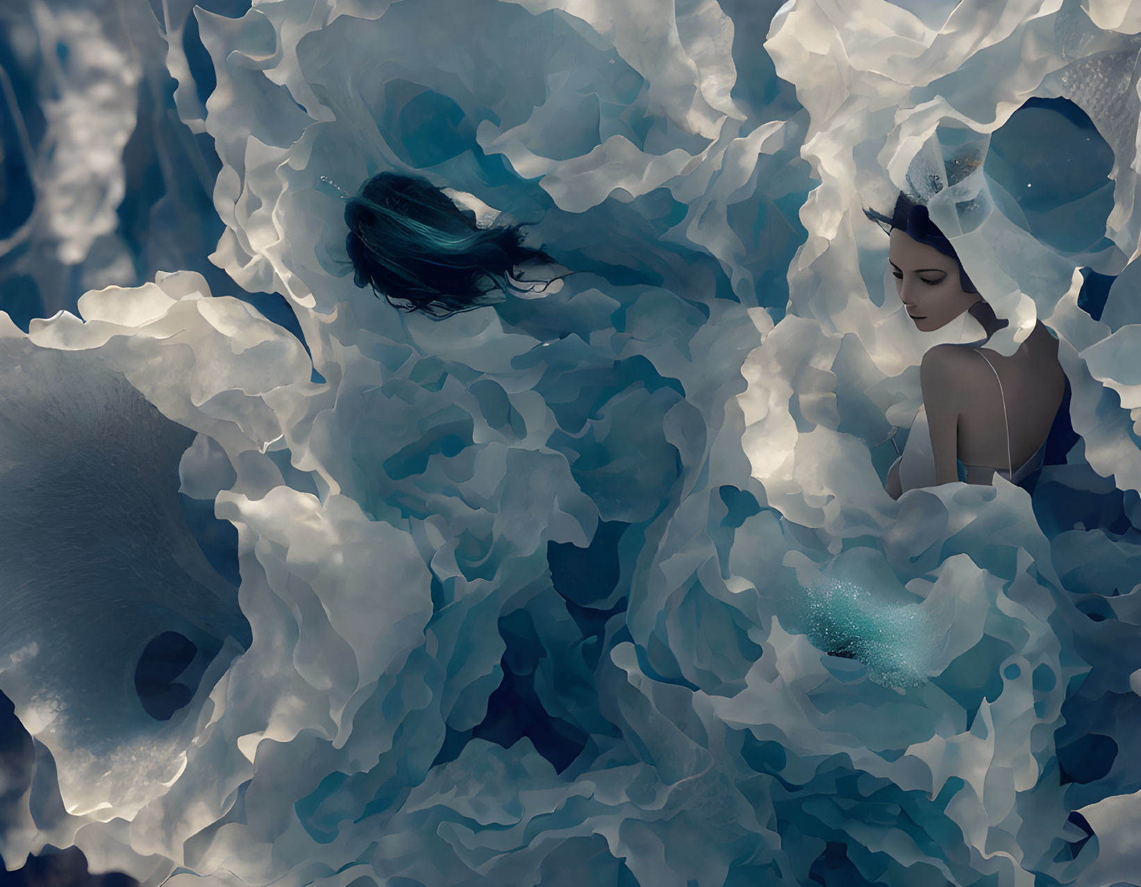 Surreal artwork featuring woman in ethereal underwater scene