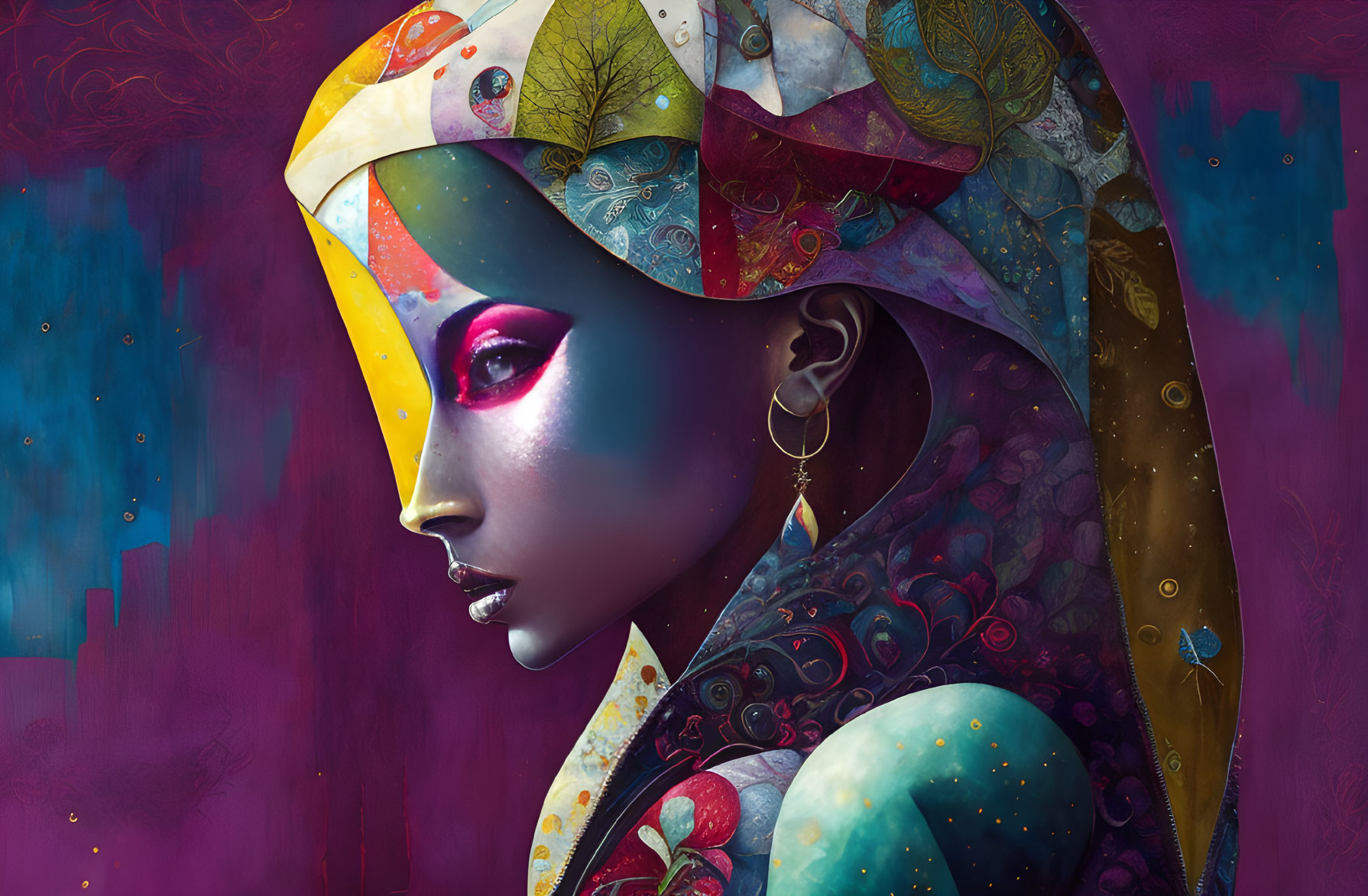 Colorful Geometric Patterns on Woman with Elaborate Headwear in Vibrant Background