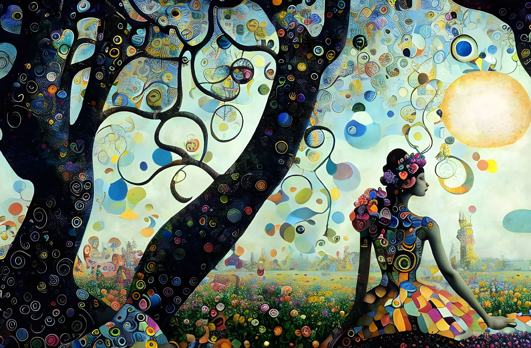 Vibrant artwork of woman under tree with flowers and moon