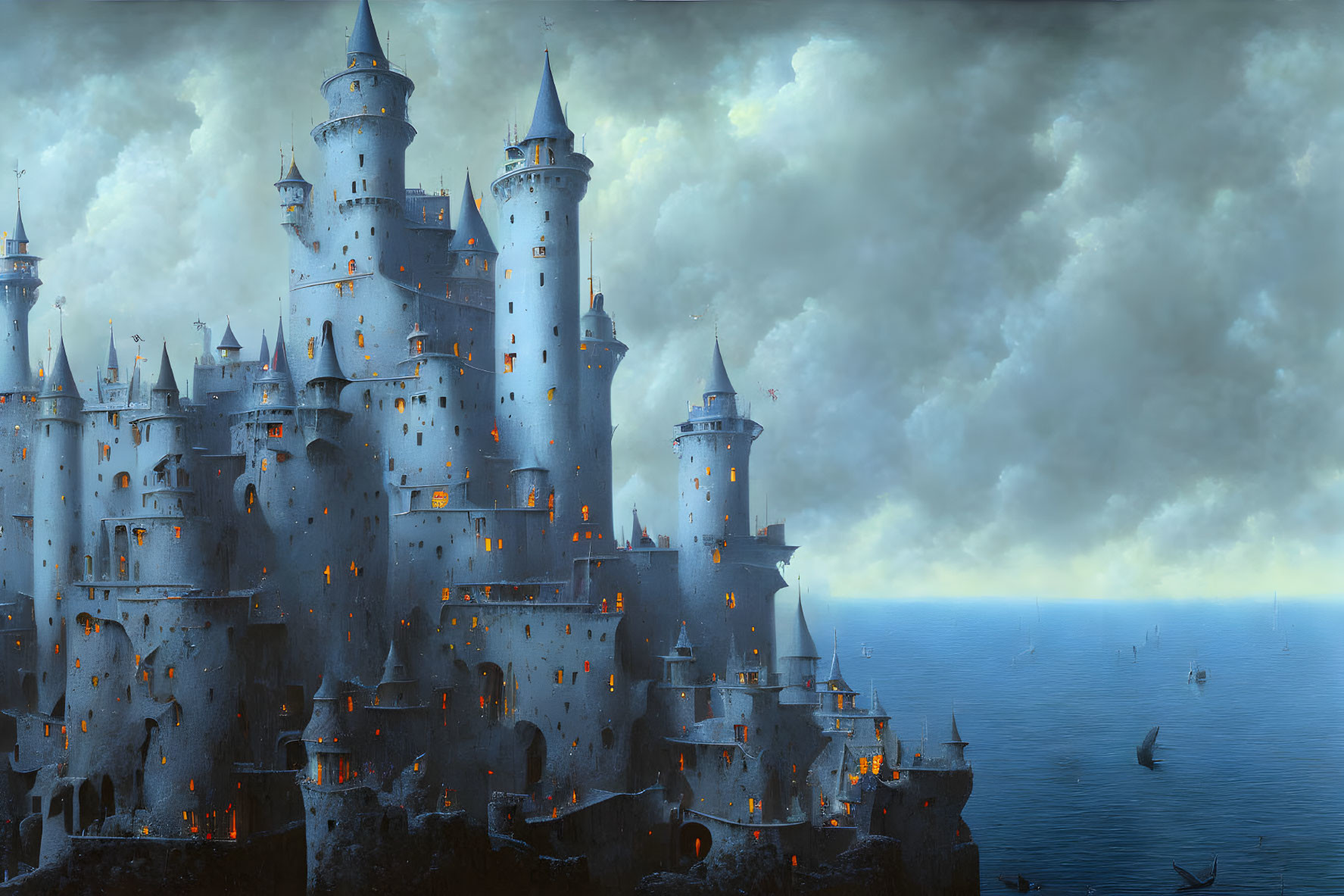 Fantasy castle with towers and misty sea view.