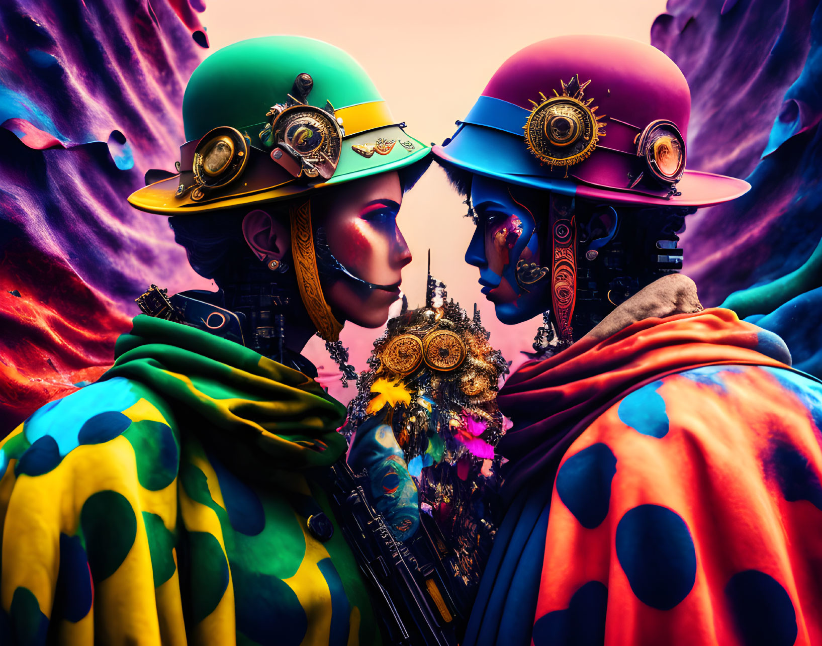 Steampunk-themed individuals in vibrant attire with decorated hats and gears.