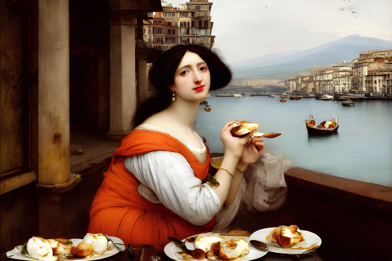 Historically dressed woman eating fruit by sea harbor and Mt. Vesuvius.