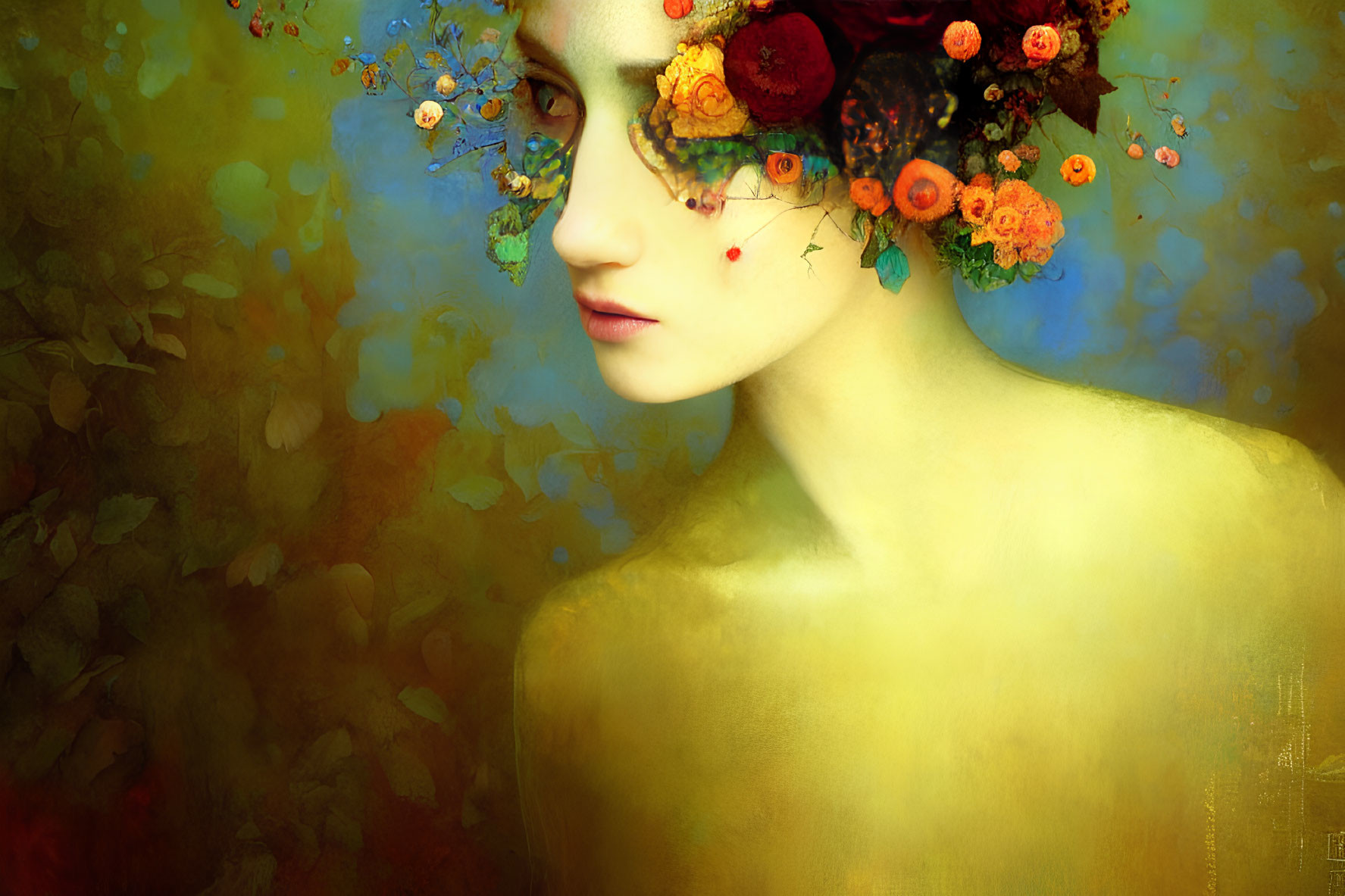 Woman with Floral Headpiece on Colorful Textured Background