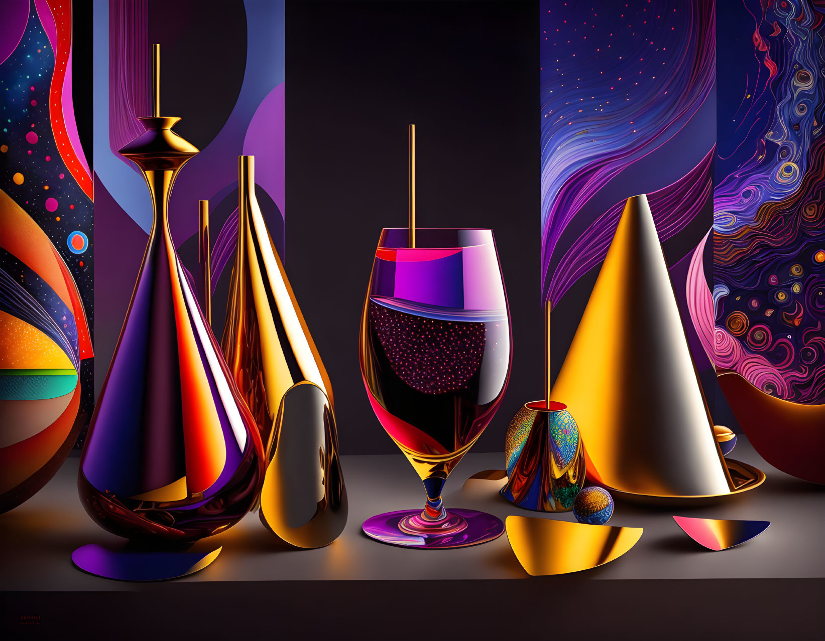 Vibrant Abstract Art: Colorful Glassware & Fluid Shapes