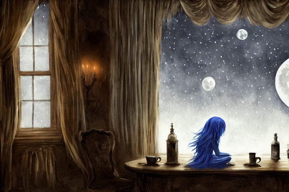 Surreal artwork of figure with blue hair at wooden table under starry night sky