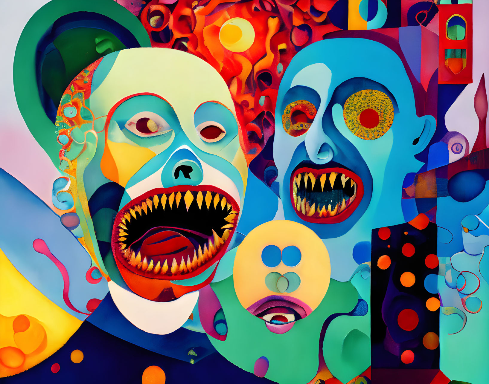 Abstract Surrealist Faces with Vivid Patterns and Shapes