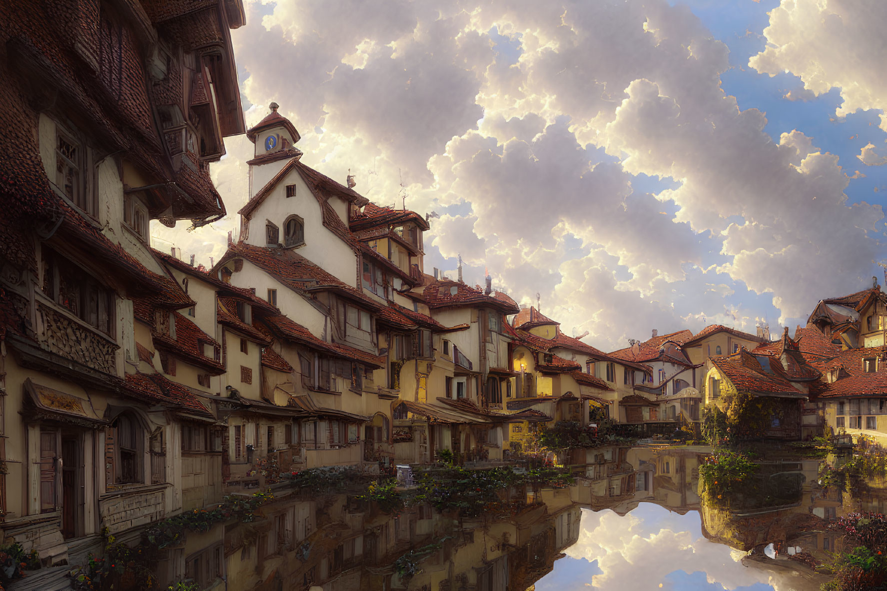 Charming old European village with half-timbered houses by calm canal at sunset