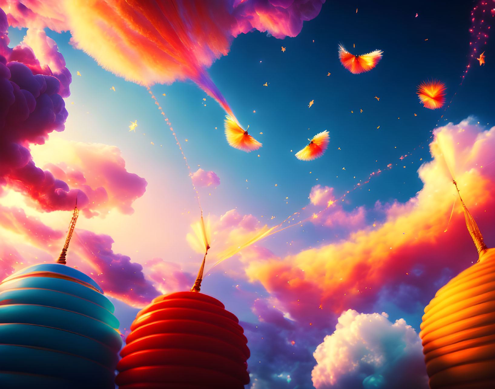 Vibrant Chinese Lanterns in Sunset Sky with Glowing Particles