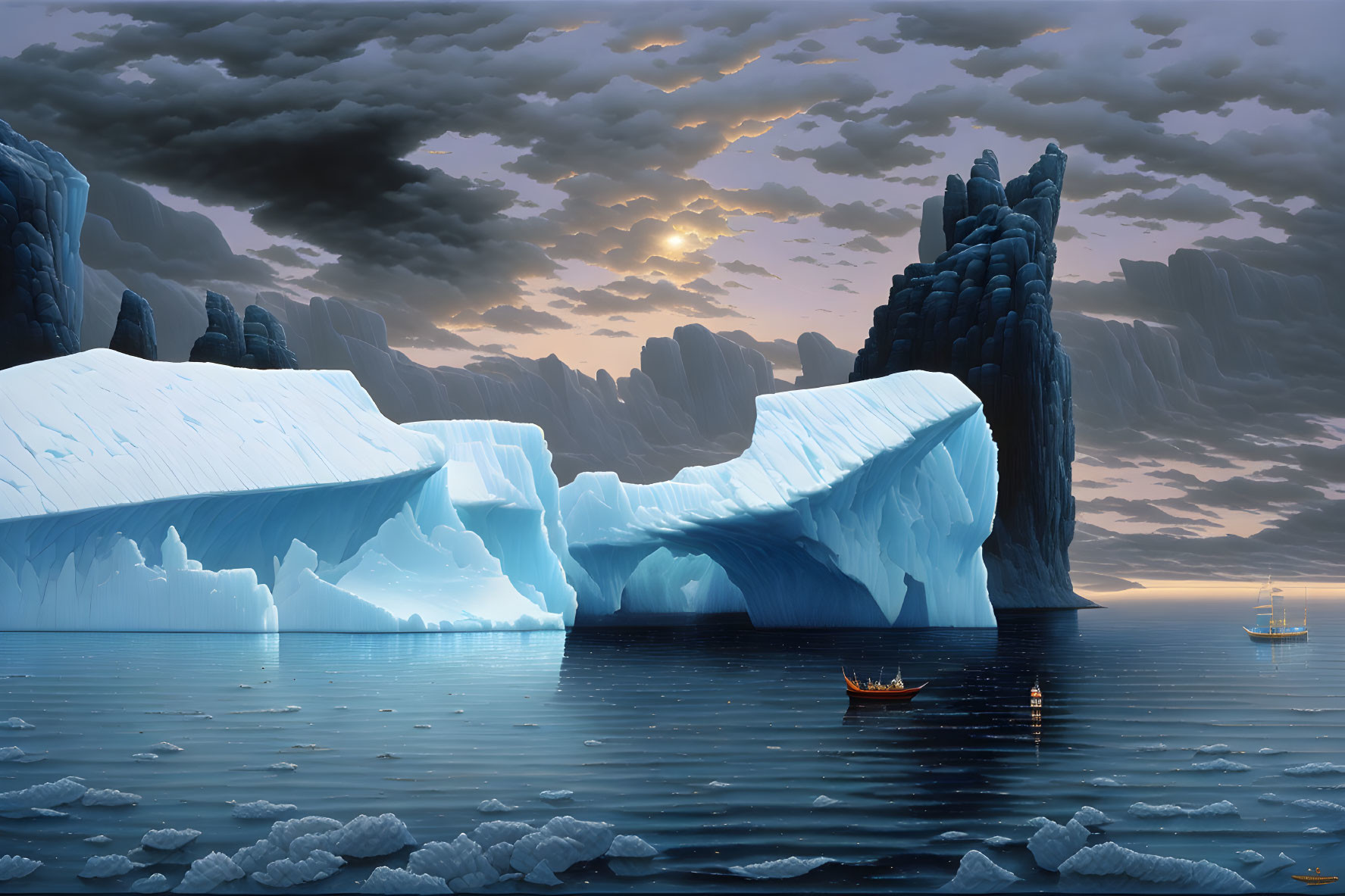 Ethereal Arctic Seascape with Icebergs, Boat, and Ship Under Dramatic Sky