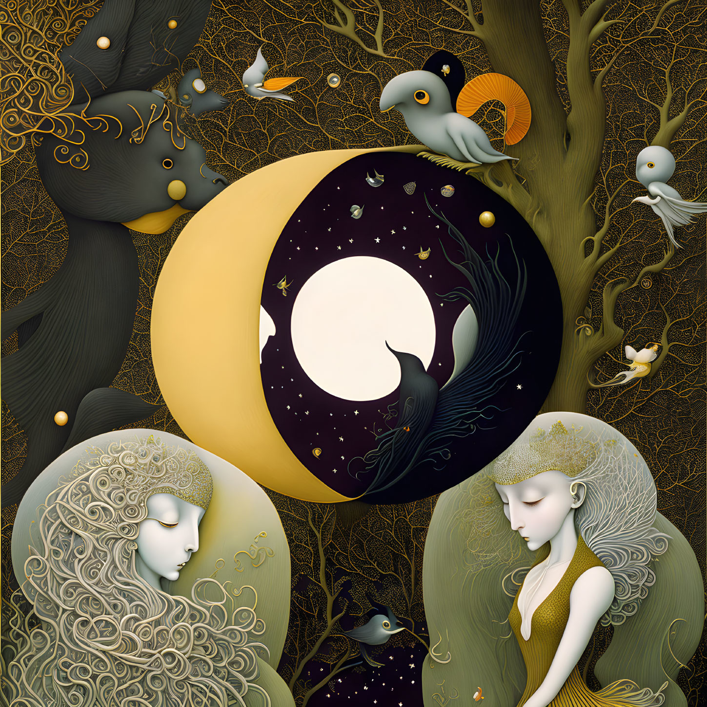 Whimsical illustration of two female figures in fantastical setting