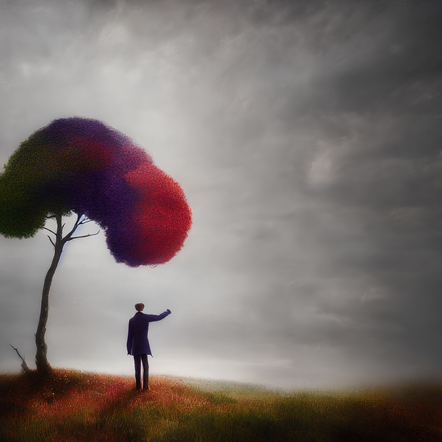 Business person under colorful tree with oversized crown on grassy hill.