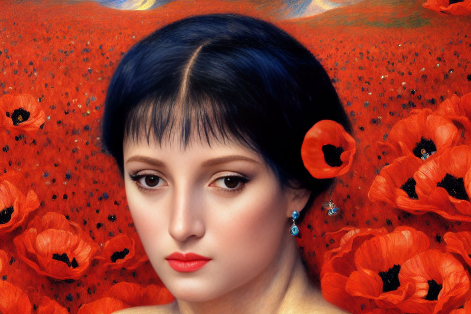 Woman with Black Hair and Blue Earrings Among Vibrant Red Poppies