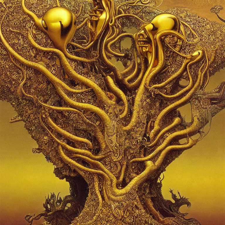 Surrealist golden tree with humanoid branches on warm backdrop