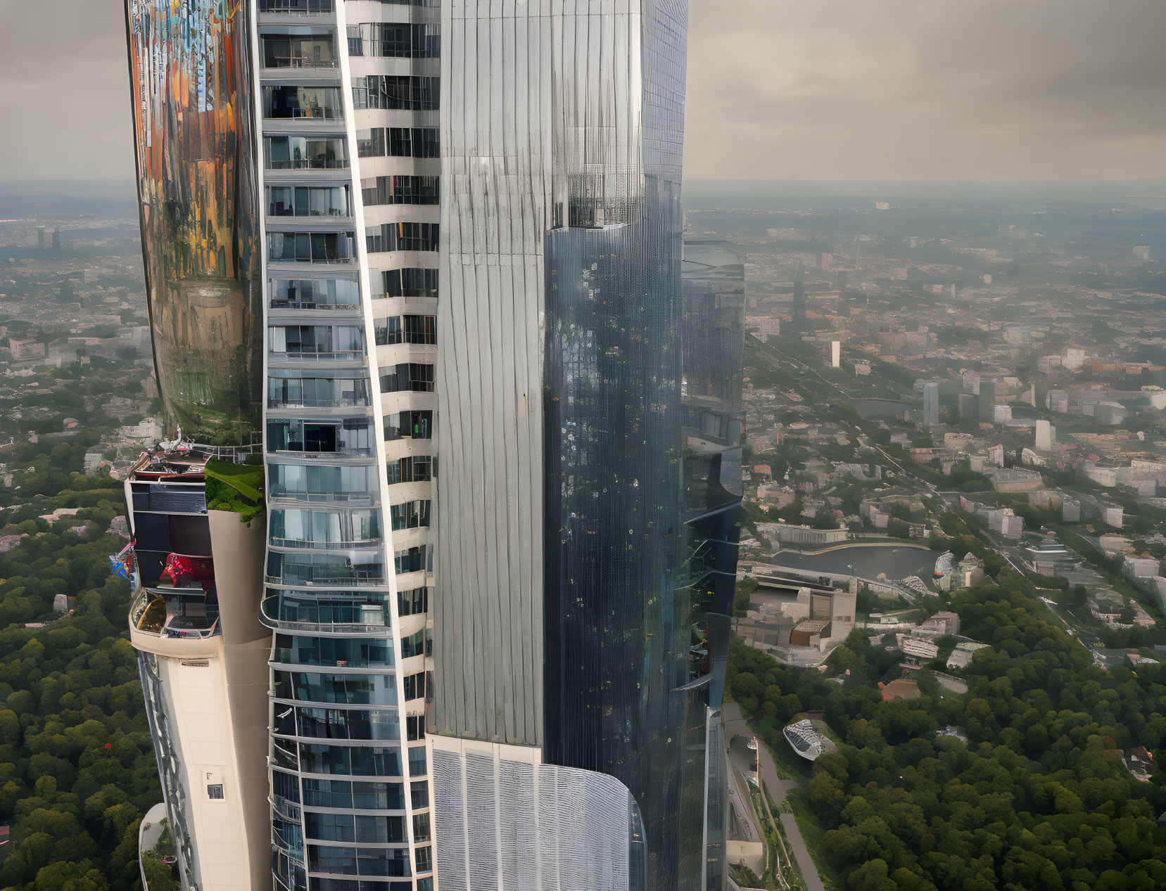 Glossy reflective high-rise building in hazy cityscape