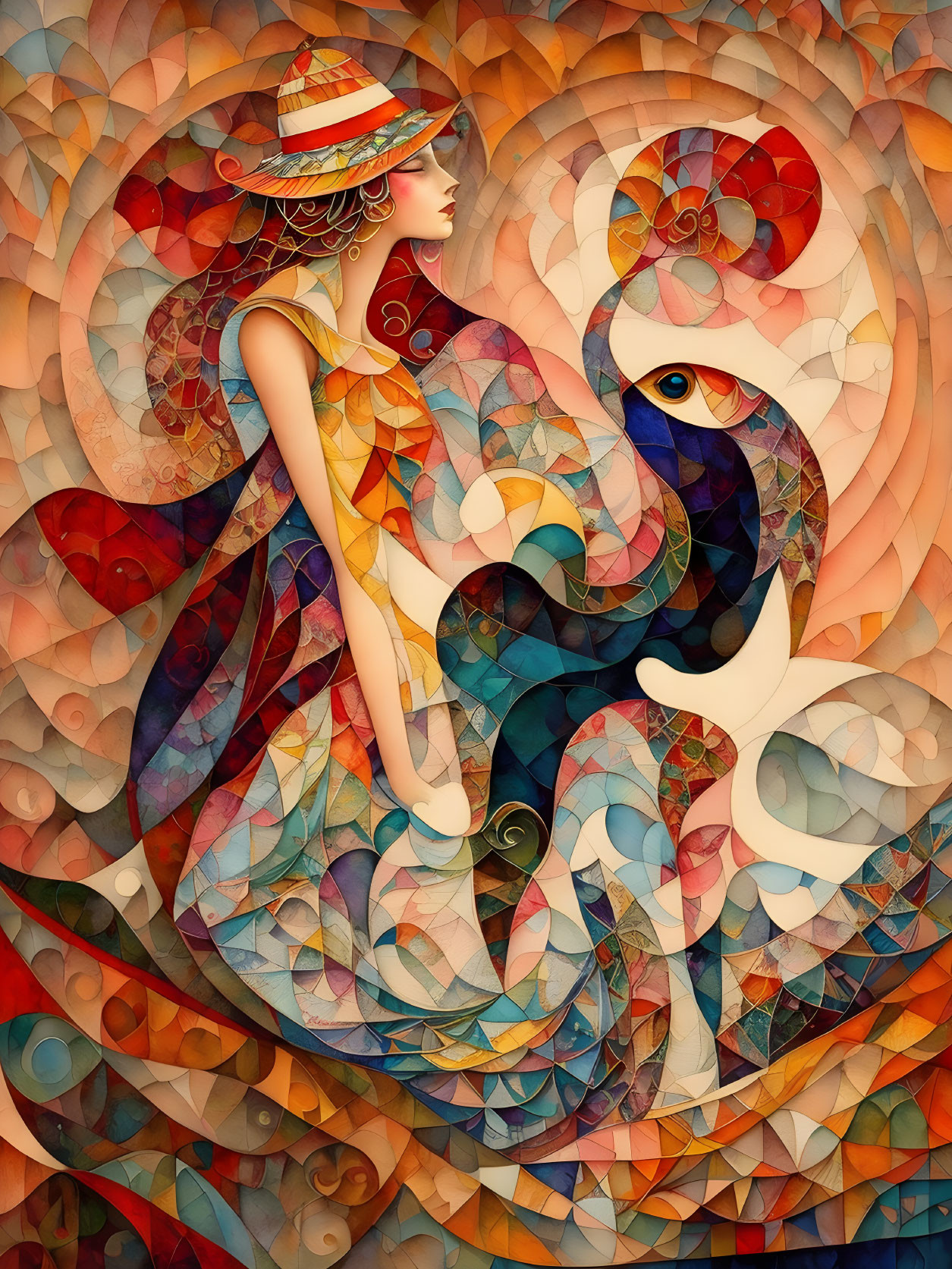 Stylized illustration of woman with peacock in warm color mosaic