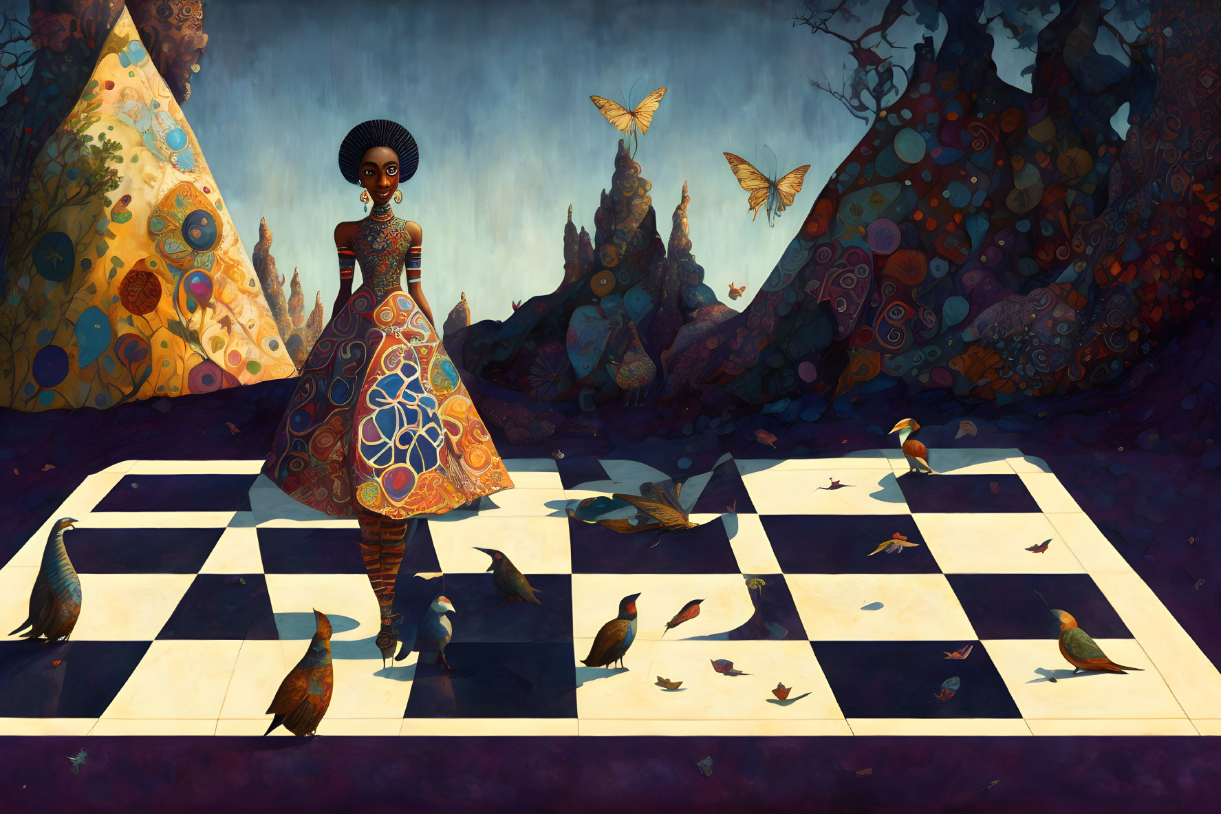 Woman standing on chessboard with birds and forest backdrop