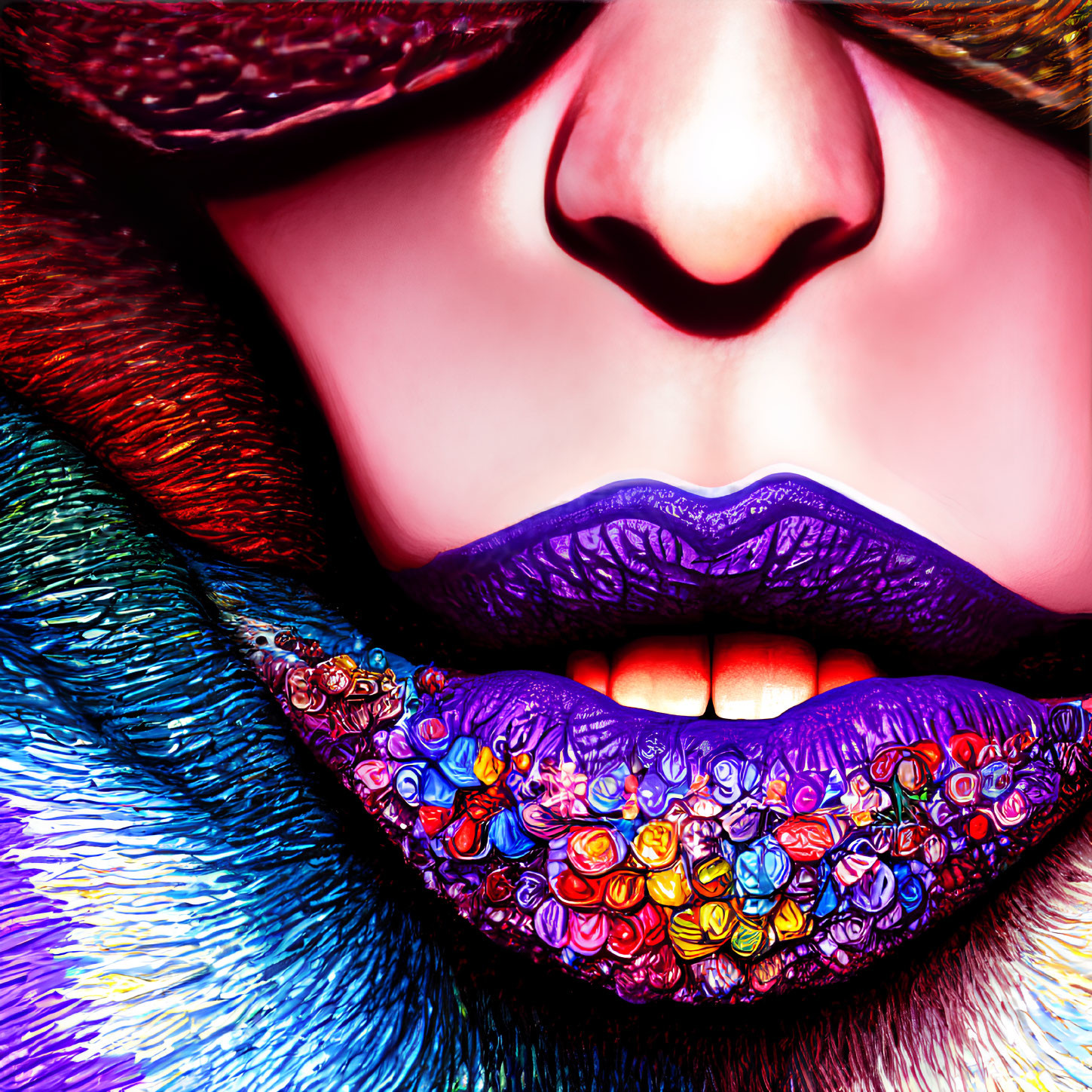 Vividly colored lips with glossy bead-like textures and rainbow fur collar and purple hat.