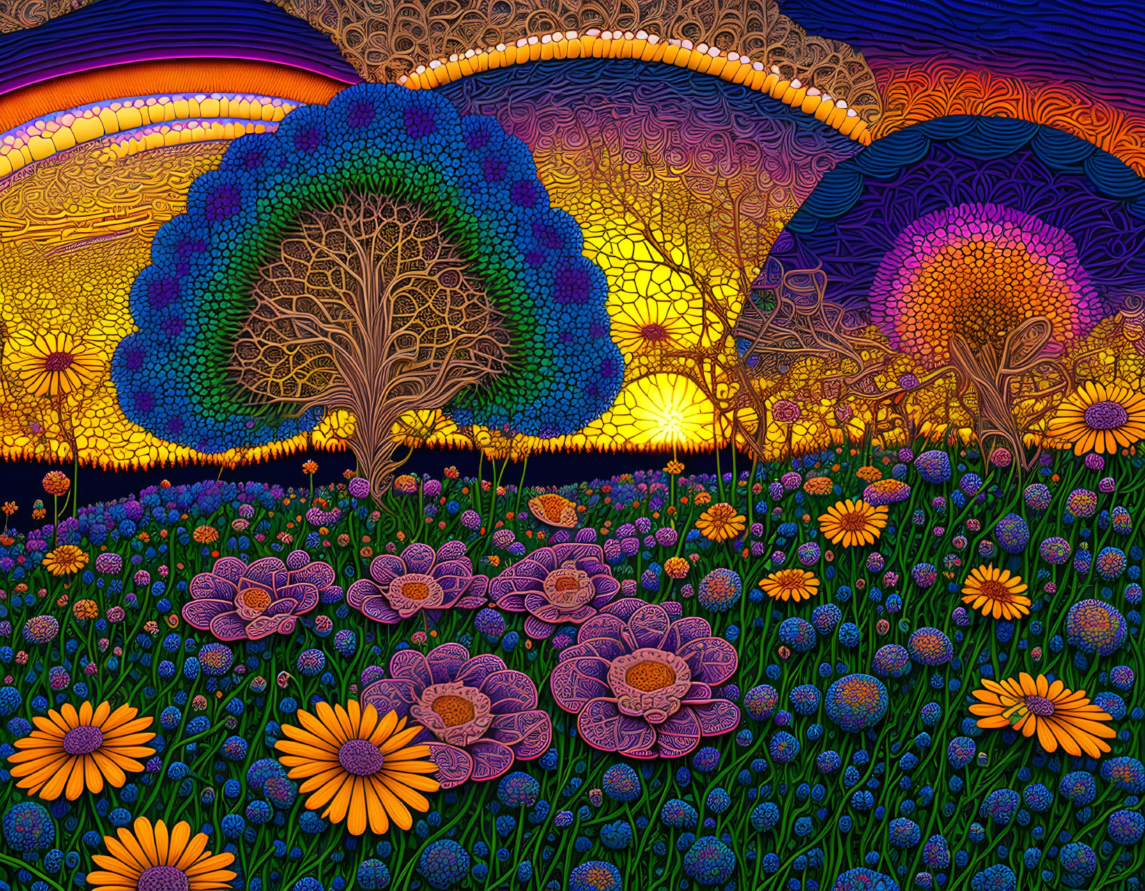 Colorful Psychedelic Artwork: Sunset, Flowering Tree, and Ornate Flowers