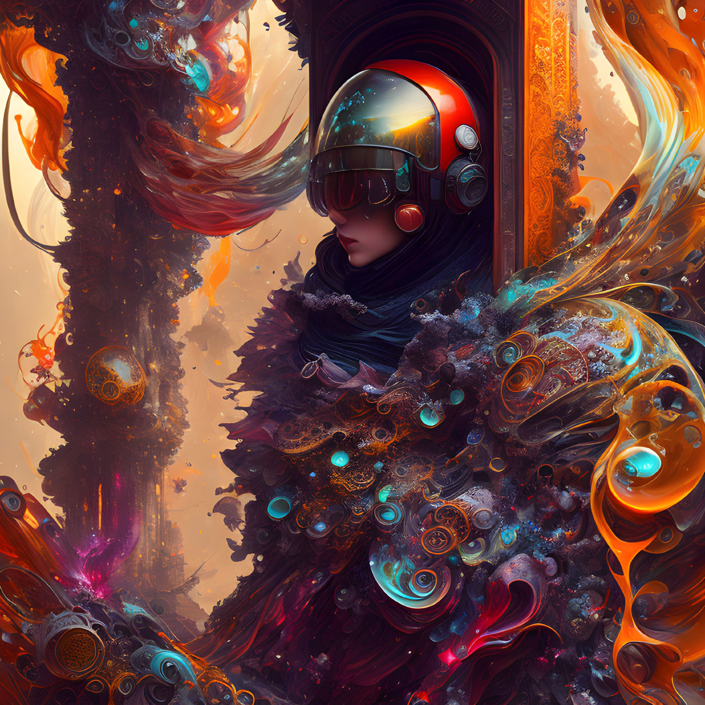 Futuristic helmet in cosmic swirls and abstract elements