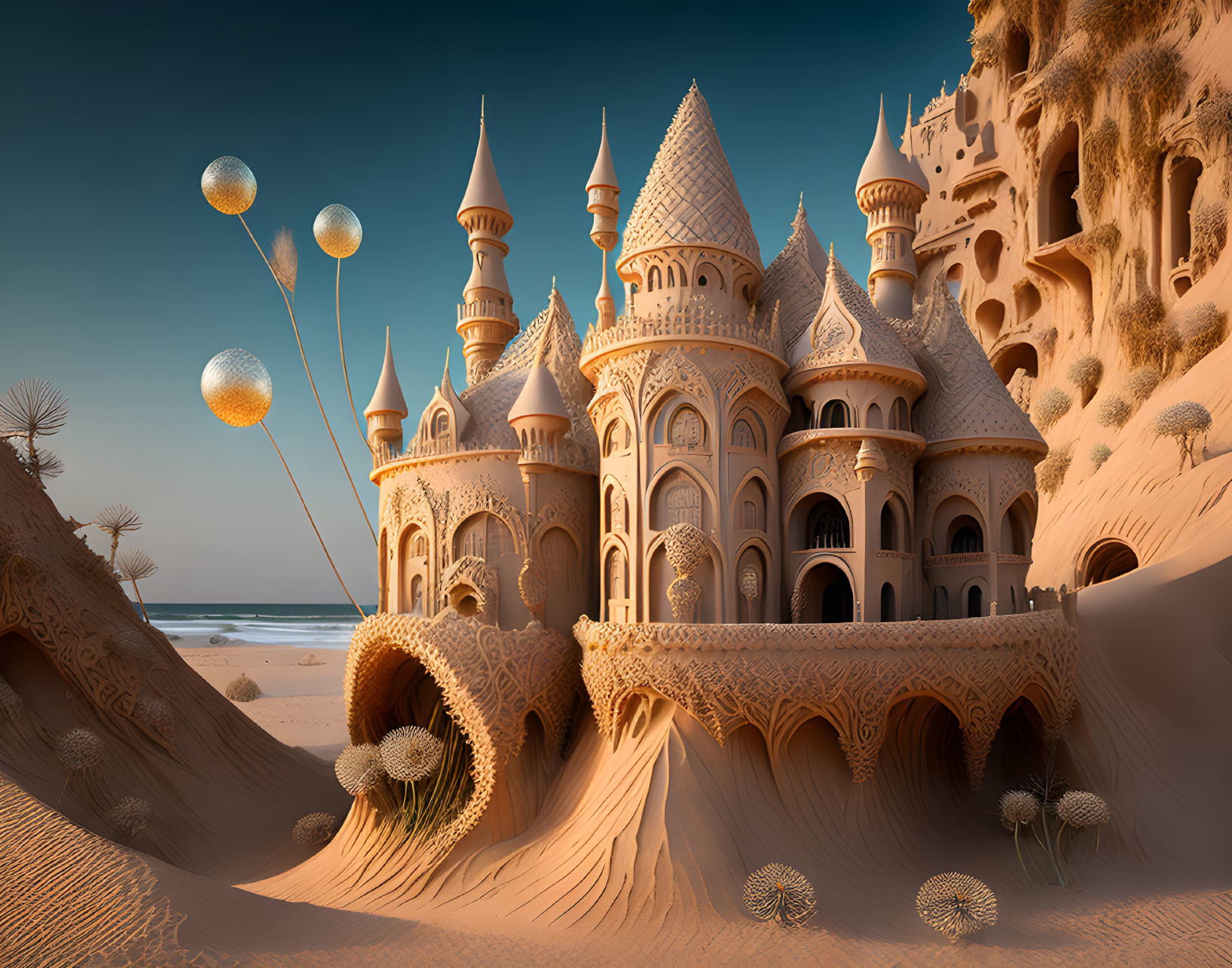 Fantastical sandy castle with ornate spires amidst dunes and floating orbs.