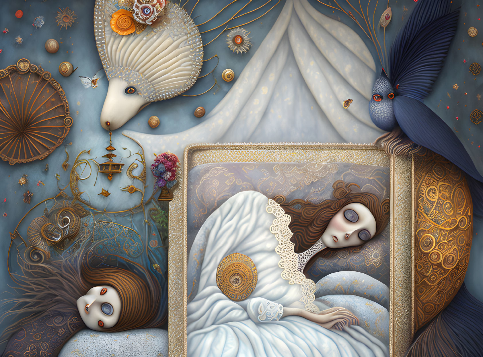 Surreal Artwork: Sleeping Woman on Bed with Masks and Birds