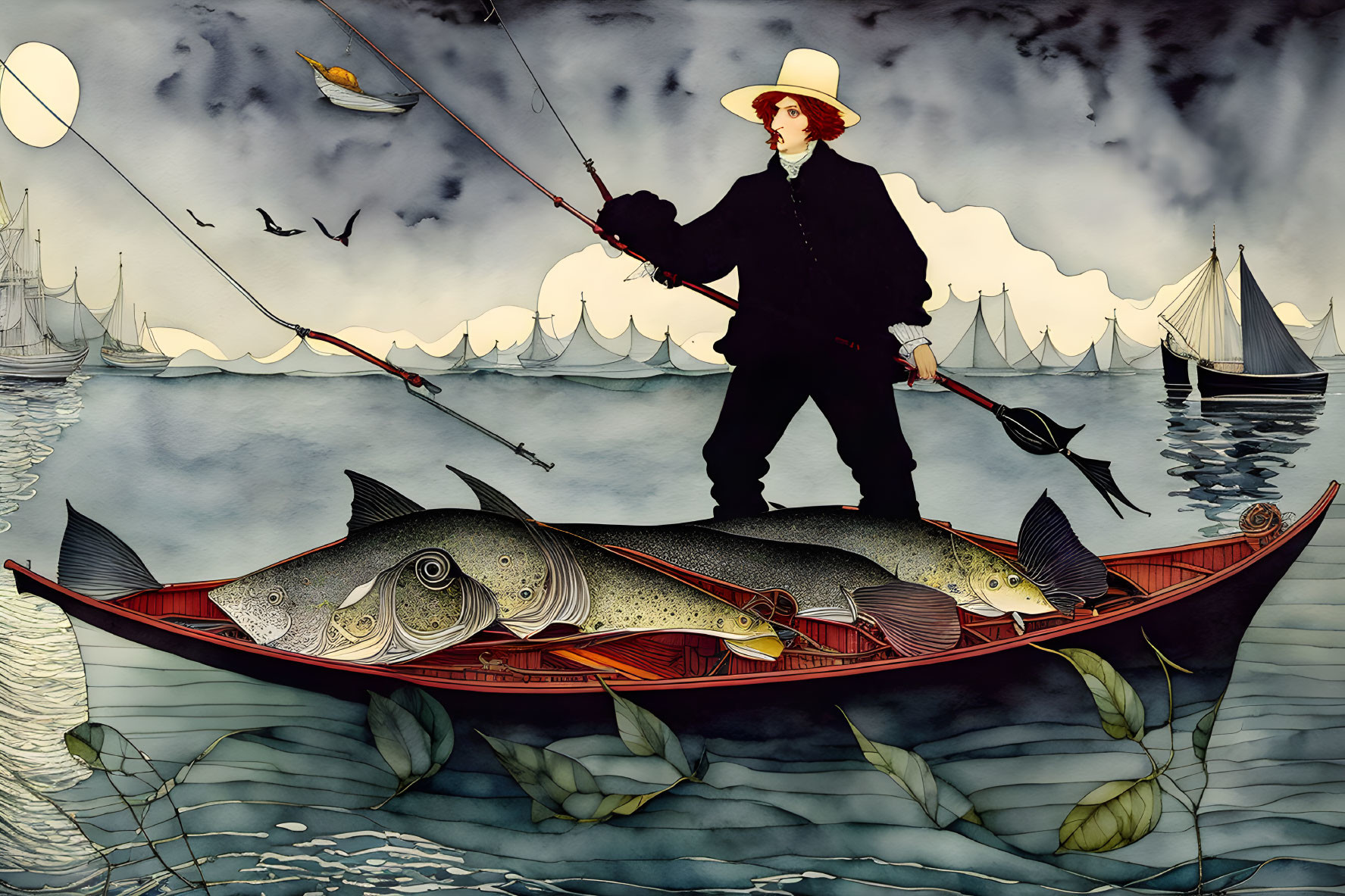 Man in hat fishing in boat with oversized fish, stormy sky and sailboats in background