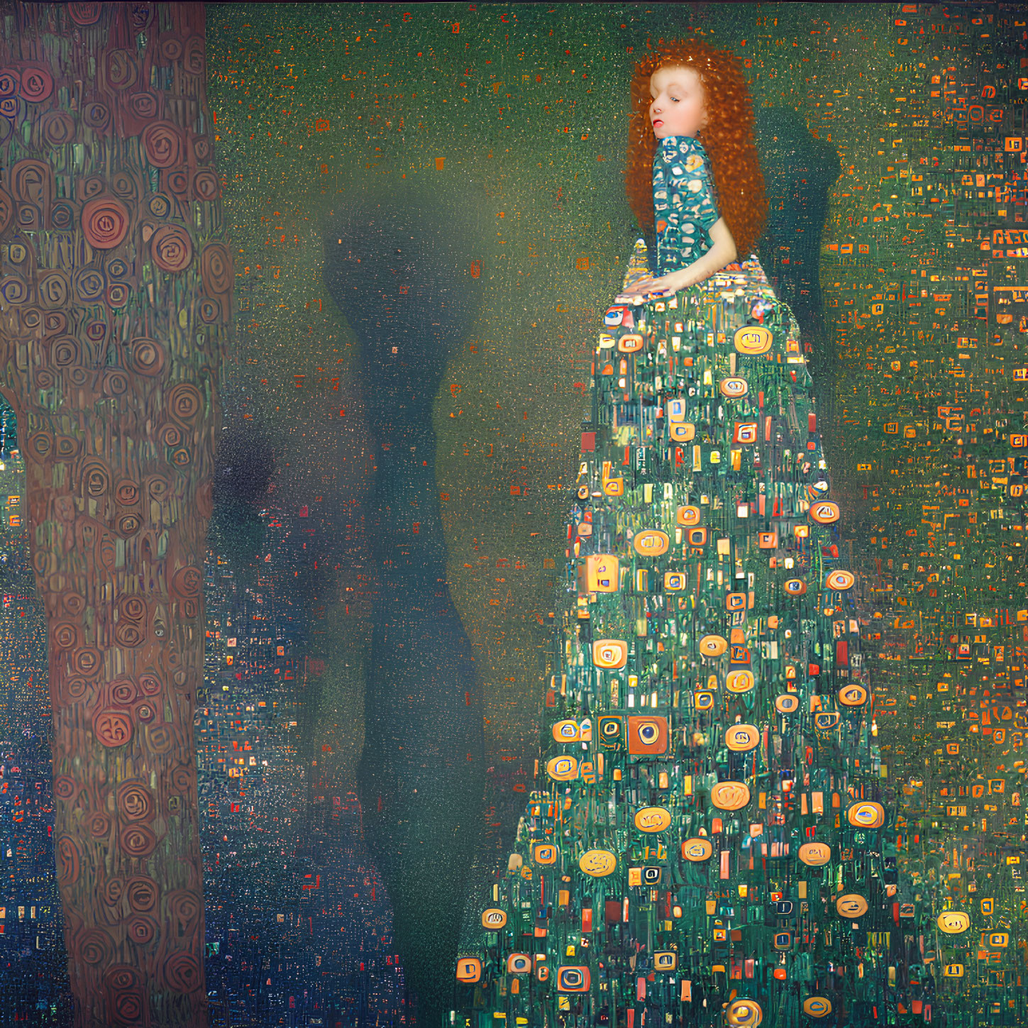 Pointillist painting of woman in ornate dress near tree with elongated shadow