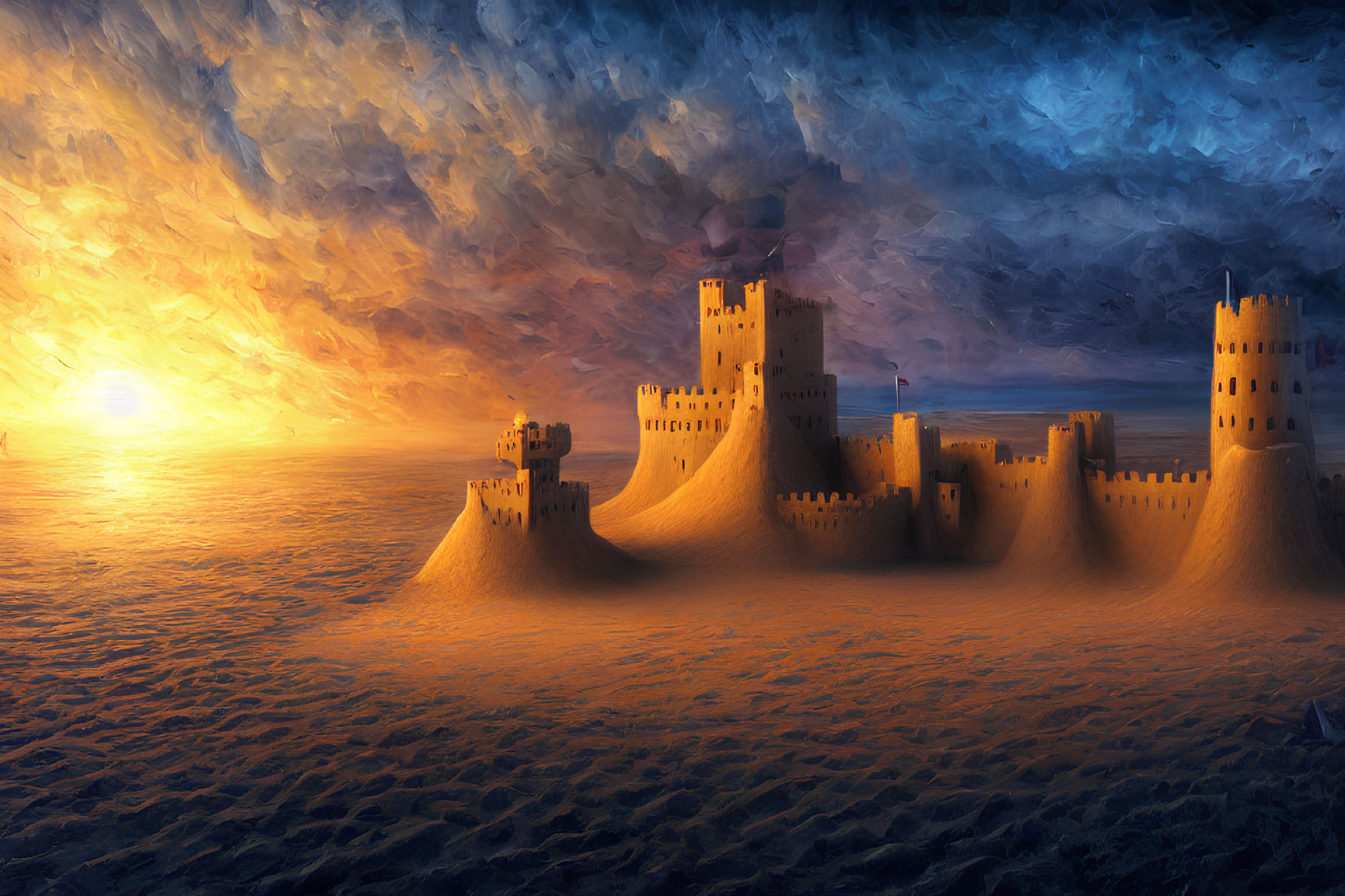 Digital Art: Sandcastle Fortresses at Sunset