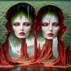 Twin female faces in surreal rocky landscape with water reflection