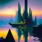 Fantastical cityscape with soaring spires and floating structures.
