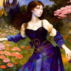 Woman in Blue Dress Surrounded by Flowers and Pink Clouds