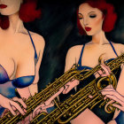 Red-haired woman in blue lingerie playing saxophone in three versions