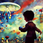 Child observing surreal scene with giant mushrooms and person descending from sky.