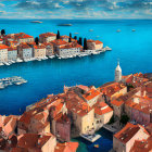 Cityscape with orange-roofed buildings by the sea and sailing ships under a blue sky