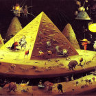 Surreal landscape with stylized animals, golden pyramids, full moon