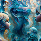 Surreal artwork featuring woman in ethereal underwater scene