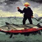 Man in hat fishing in boat with oversized fish, stormy sky and sailboats in background