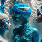 Colorful digital artwork: Stylized female figures, seal, oceanic patterns in blues and gold