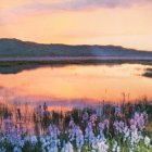 Serene landscape painting at sunset with lush trees and lake reflections