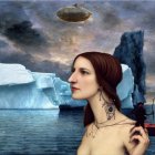 Surreal profile of woman's face on icy seascape with boat, airship, and ice