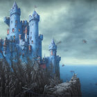 Fantasy castle with towers and misty sea view.