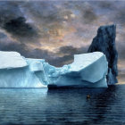 Ethereal Arctic Seascape with Icebergs, Boat, and Ship Under Dramatic Sky