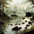 Tranquil forest landscape with autumn trees, calm river, and scattered rocks