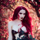 Vibrant surreal portrait of a woman with flowing hair and makeup among red and purple autumn foliage