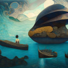 Fantasy landscape with floating islands and tree-like structure under multiple moons.