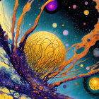 Fantastical cosmic landscape with swirling patterns and celestial bodies.