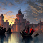 Ornate ships with billowing sails on orange ocean at twilight